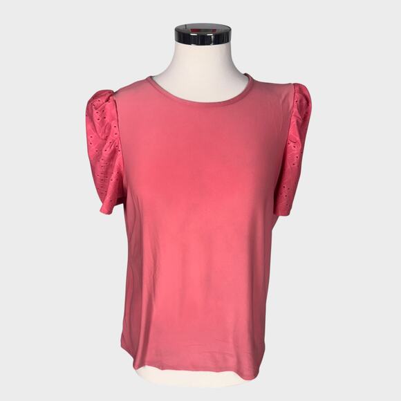 Vince Camuto Tops - Vince Camuto Large Rose Pink Short Puff Eyelet Sleeve Top Polyester Spandex